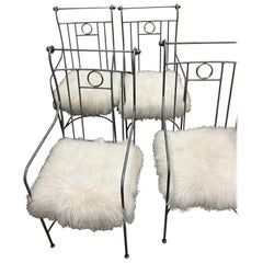 Set of Four 1980s American Metal Chairs With Custom Sheepskin Slipcovers