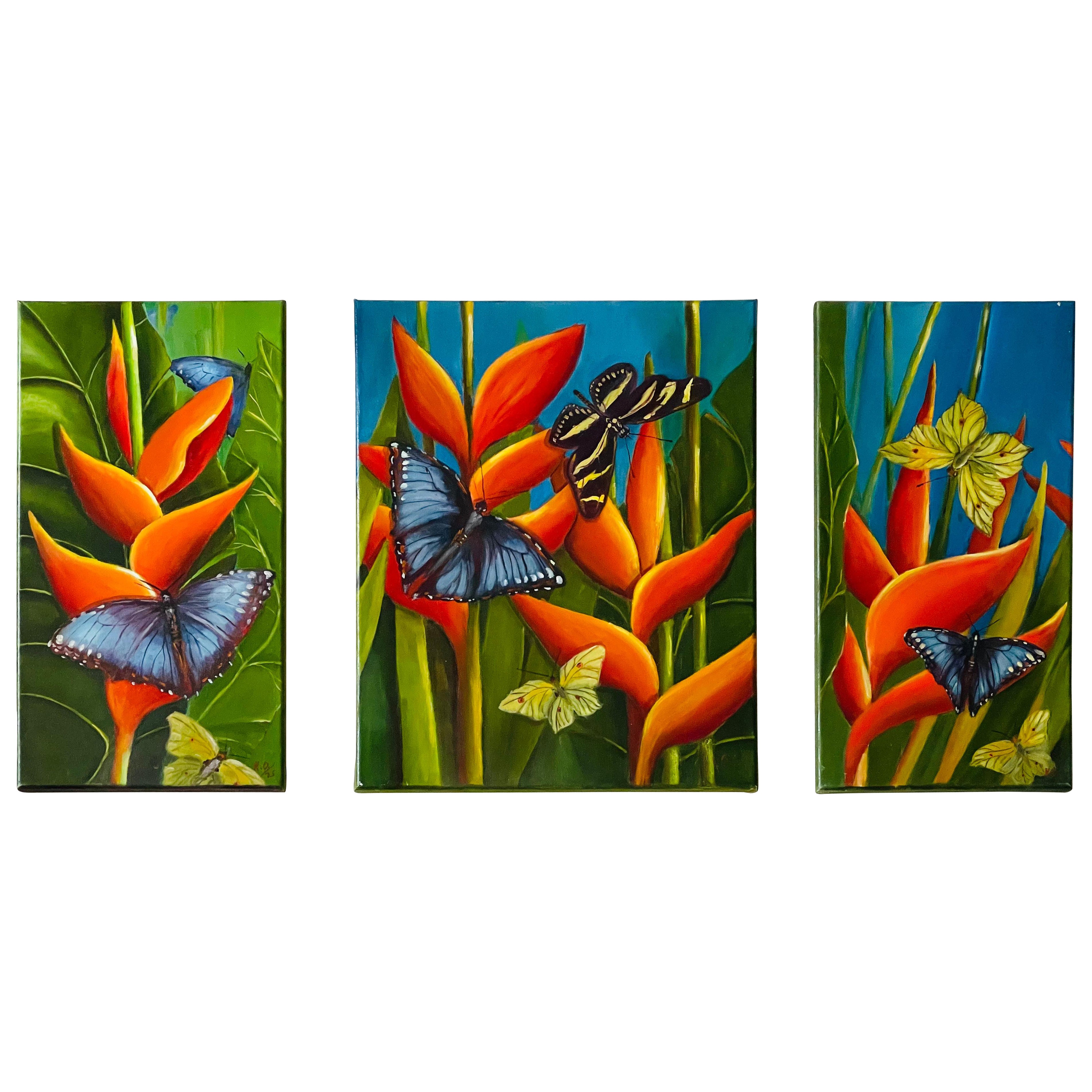 Trittico di fiori e farfalle della Florida tropicale su tela in vendita