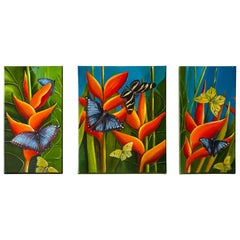 Trittico di fiori e farfalle della Florida tropicale su tela