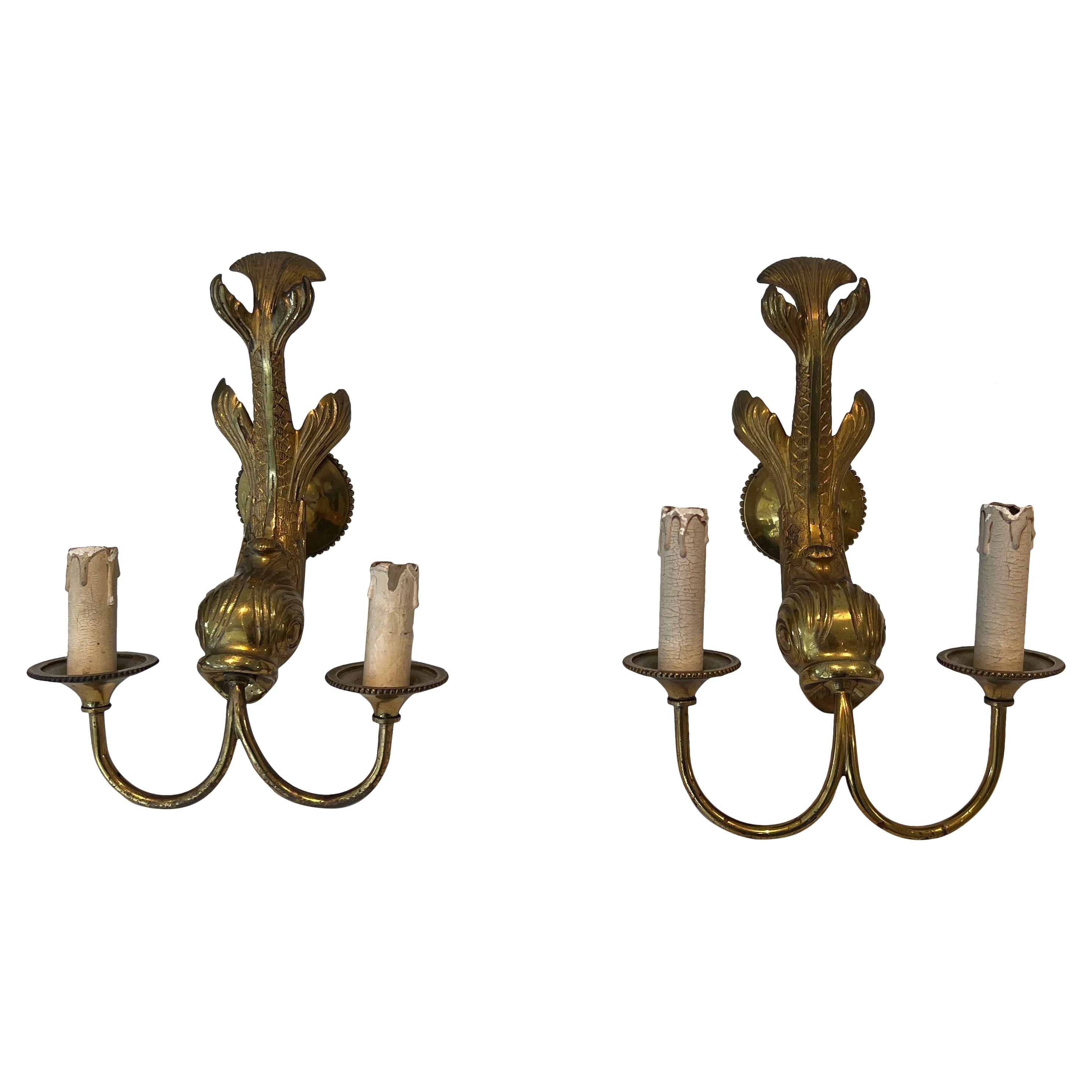 Pair of Dolphin Wall Sconces by Maison Jansen For Sale