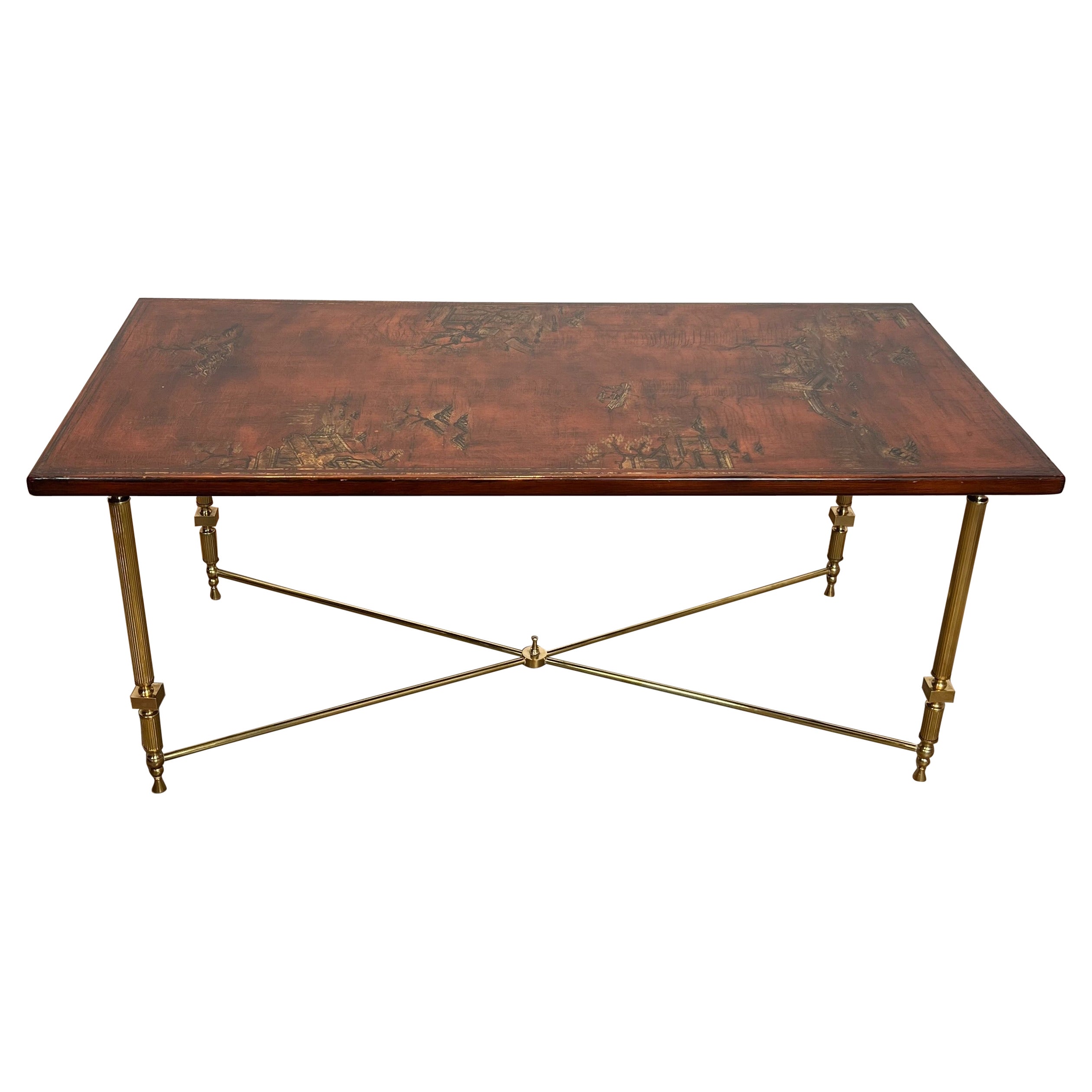 Neoclassical Style Brass Coffee Table with Wooden Lacquered Top Representing For Sale