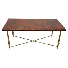 Neoclassical Style Brass Coffee Table with Wooden Lacquered Top Representing