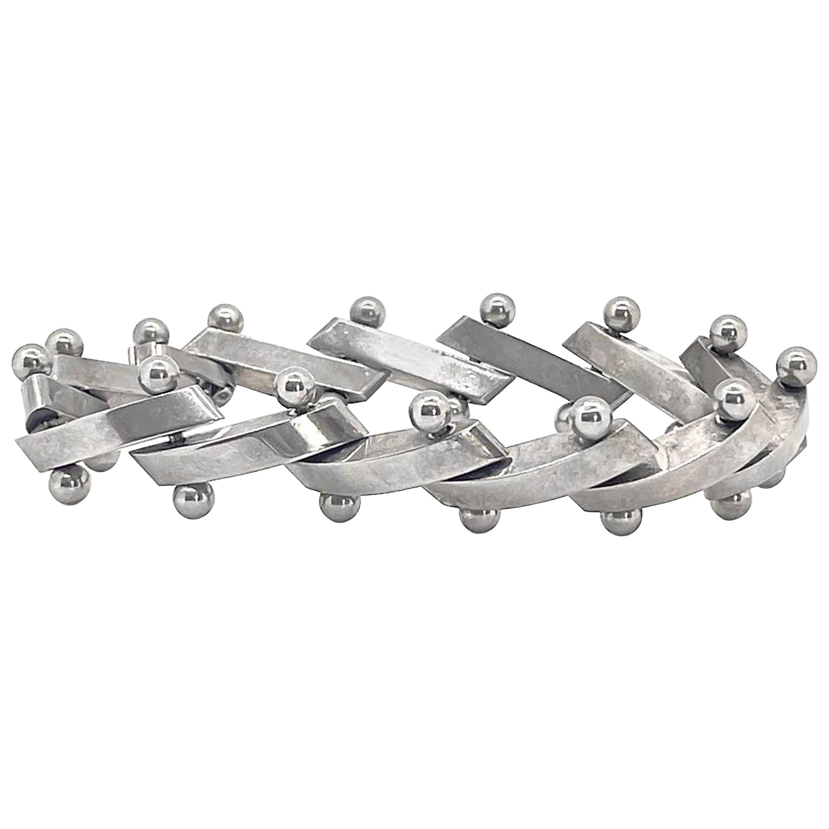 Bracciale a barra "Zig Zag" in argento 925 pesante di metà secolo, con dadi e palline