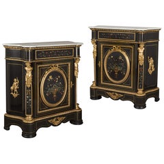 Paar Antique French Napoleon III Marmor Pietra Dura Ebonised Wood Ormolu Kabinett
