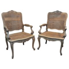 Pair of Louis XV Style Oak and Leather Caned Armchairs