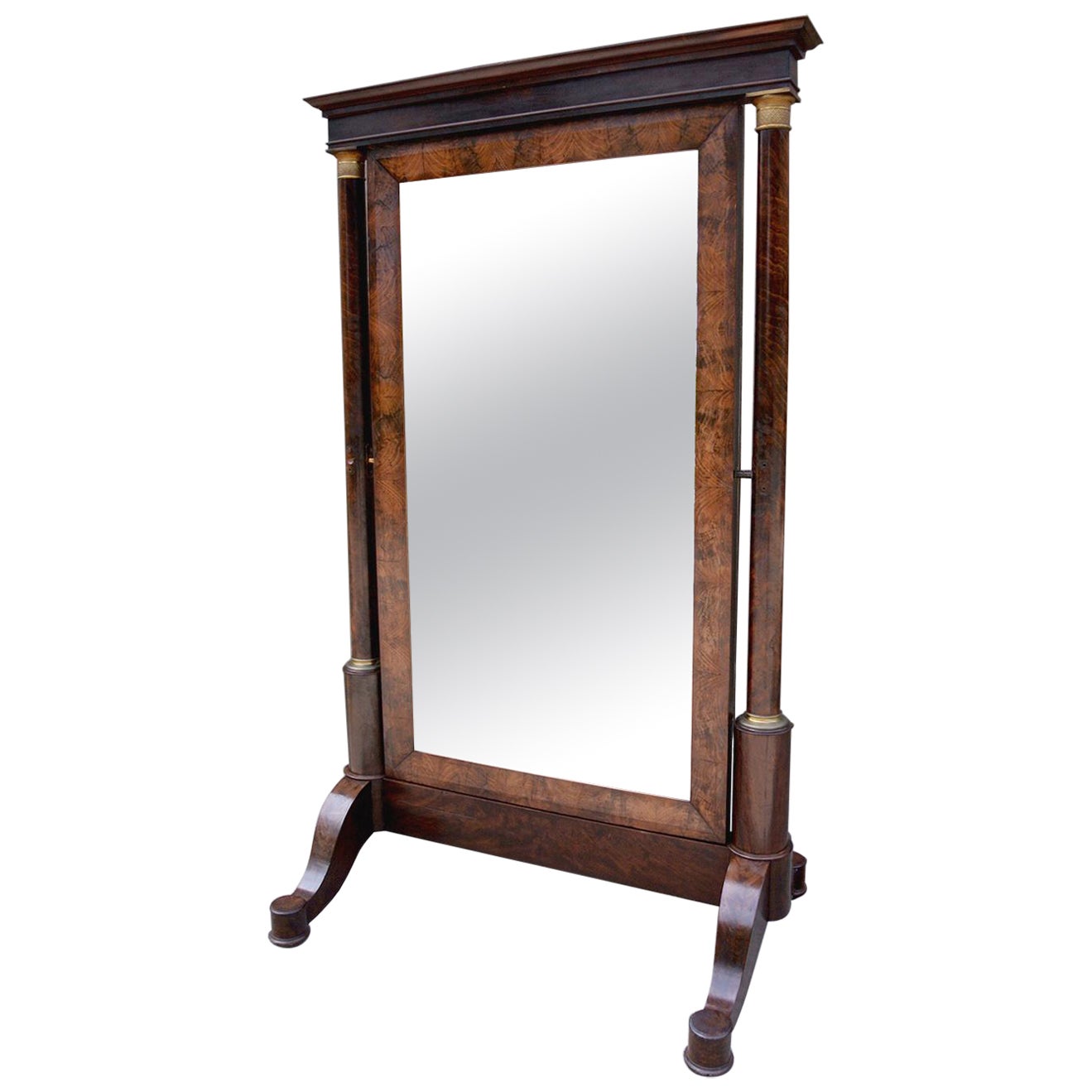Monumental Regency Cheval Mirror of French Empire Design with Brass Mounts For Sale