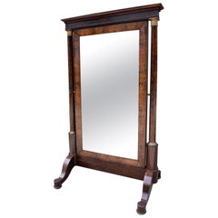 Monumental Regency Cheval Mirror of French Empire Design with Brass Mounts