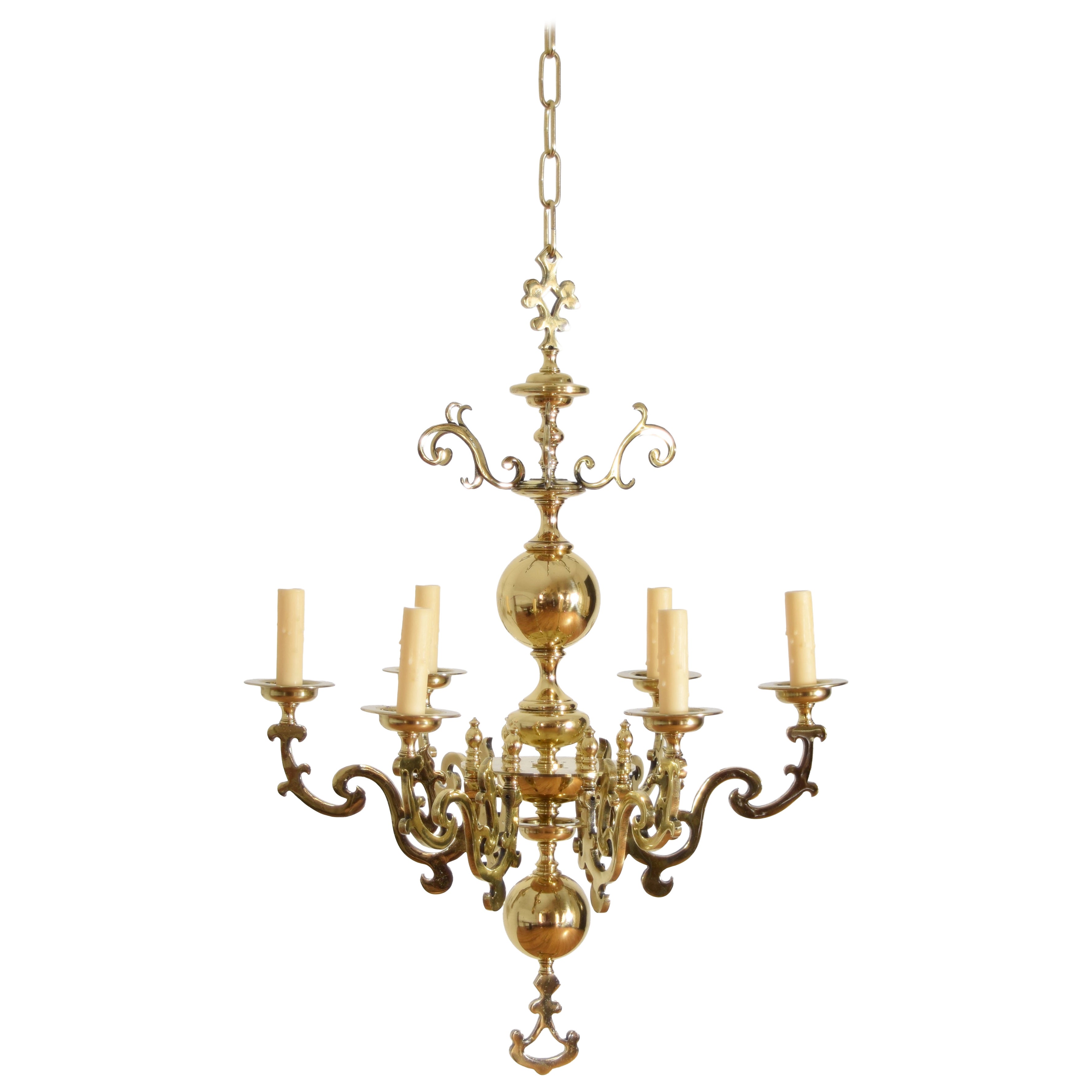 Lampadario a 6 luci in ottone fuso in stile olandese francese, prima metà del XIX secolo