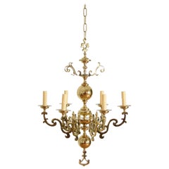 Lampadario a 6 luci in ottone fuso in stile olandese francese, prima metà del XIX secolo