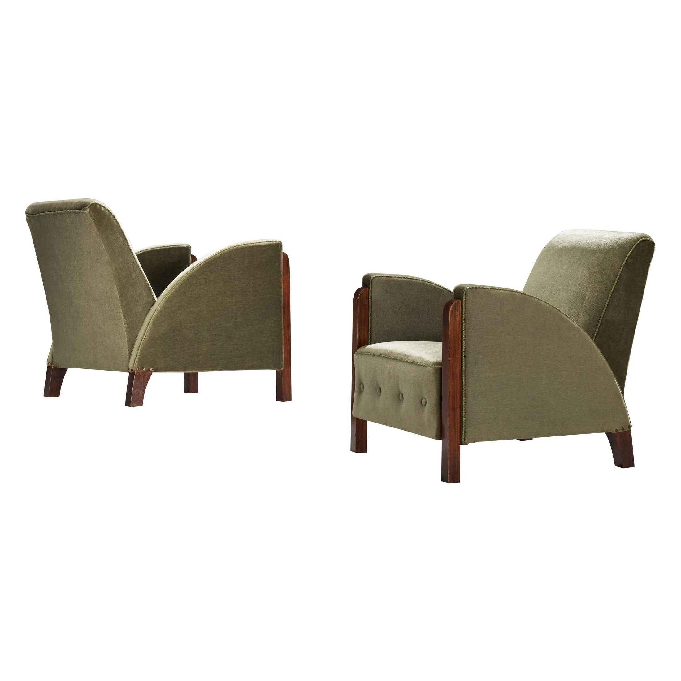 Pareja de sillones Art Déco de terciopelo verde oliva