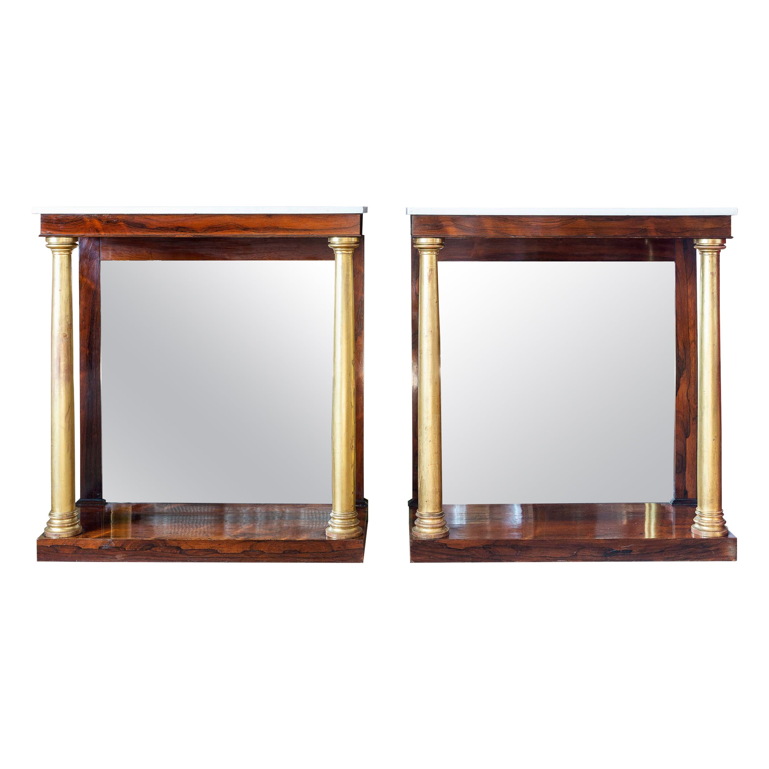 Pair of English Regency Gilt, Rosewood and Marble Pier Tables For Sale