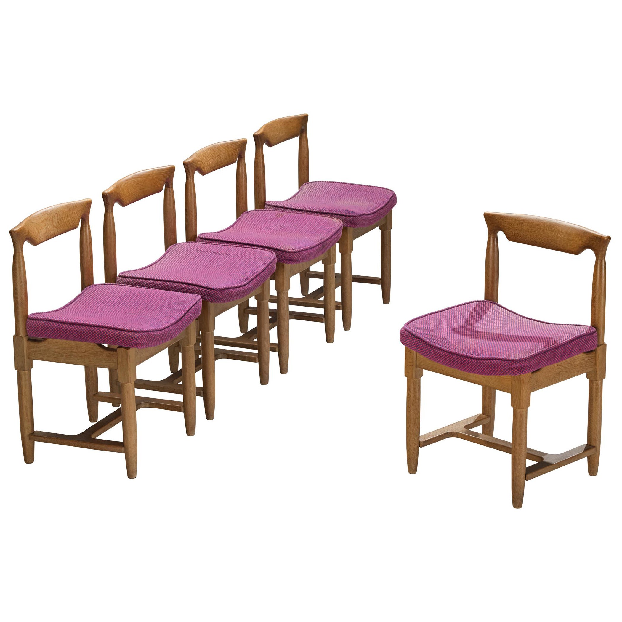 Guillerme & Chambron Set of Five Dining Chairs in Oak and Purple Wool For Sale