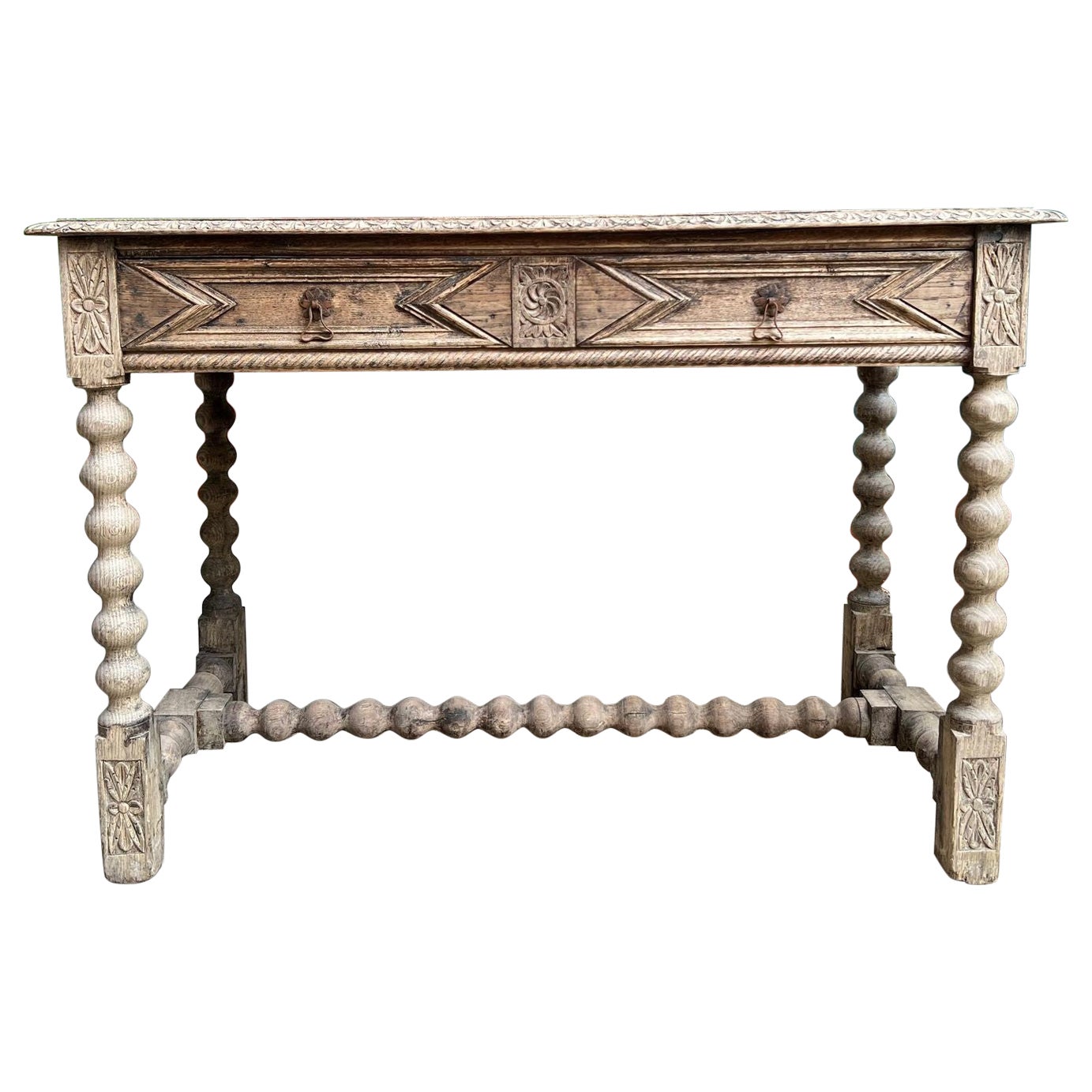 Antique English Sofa Console Table Bleached Jacobean Carved Oak Foyer Table For Sale