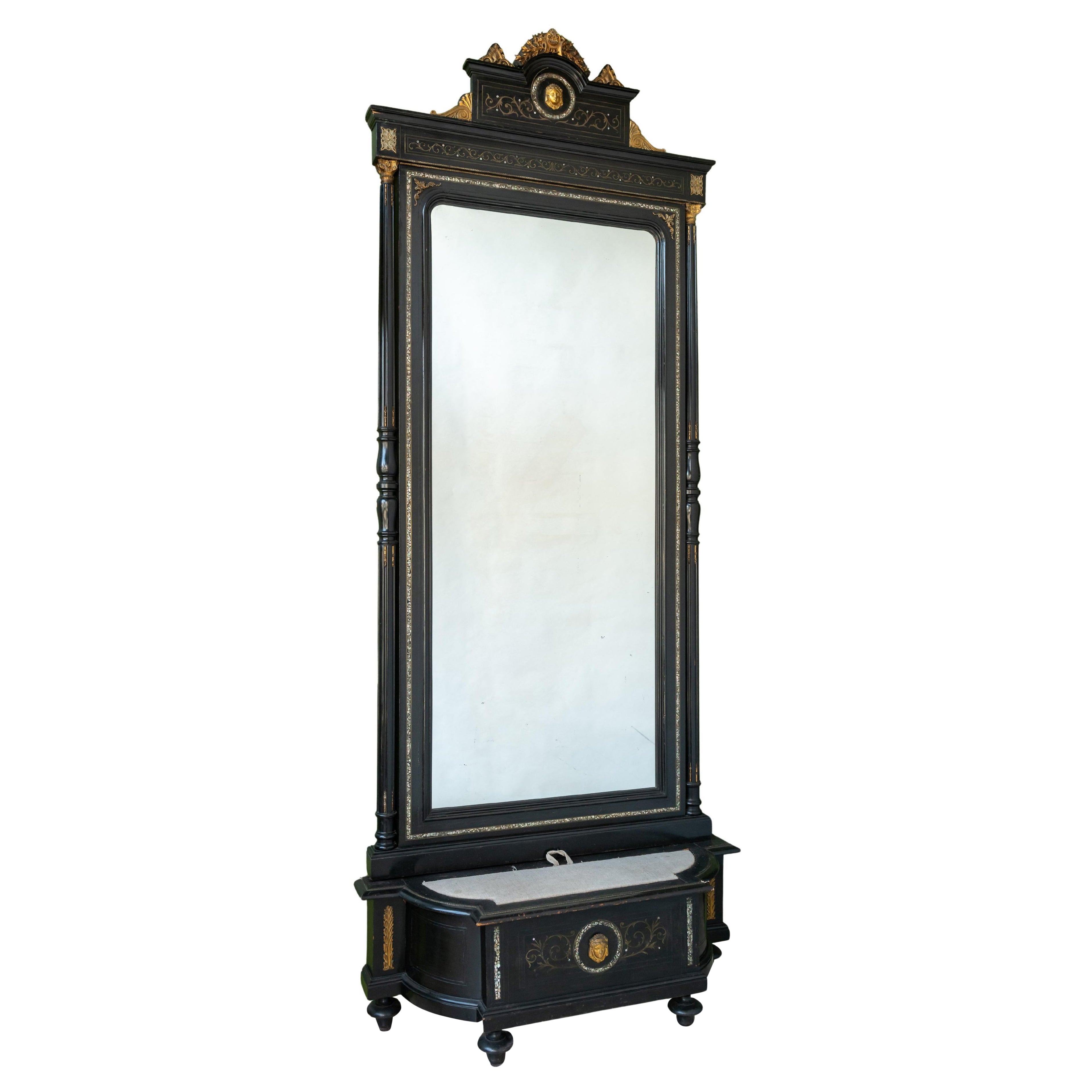 Espejo Vestidor Antiguo de Madera Ebonizada Lacada y Dorada, Francia, Década de 1880 en venta