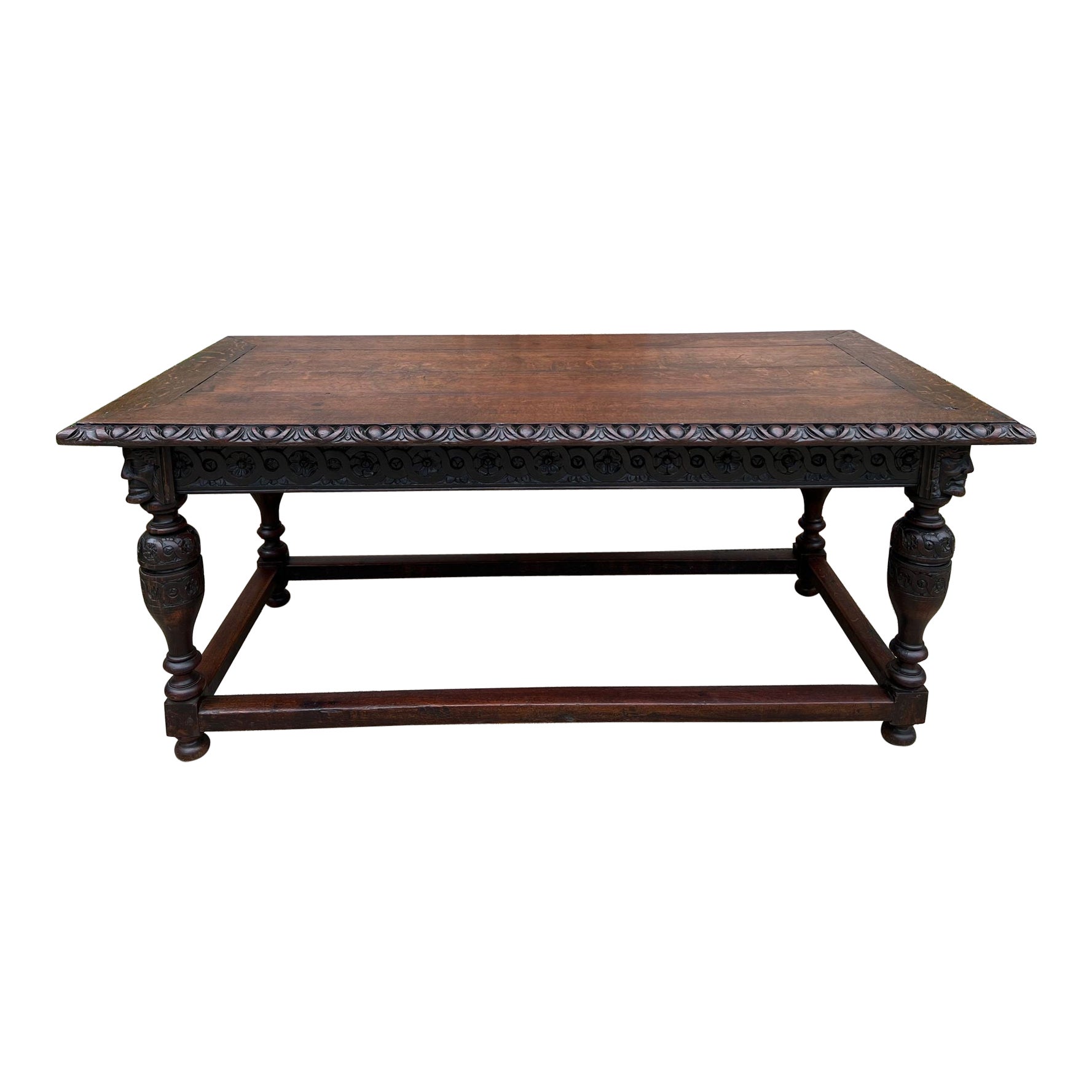 Antique French Renaissance Sculptée Oak Library Center Table Console Island c1880 en vente