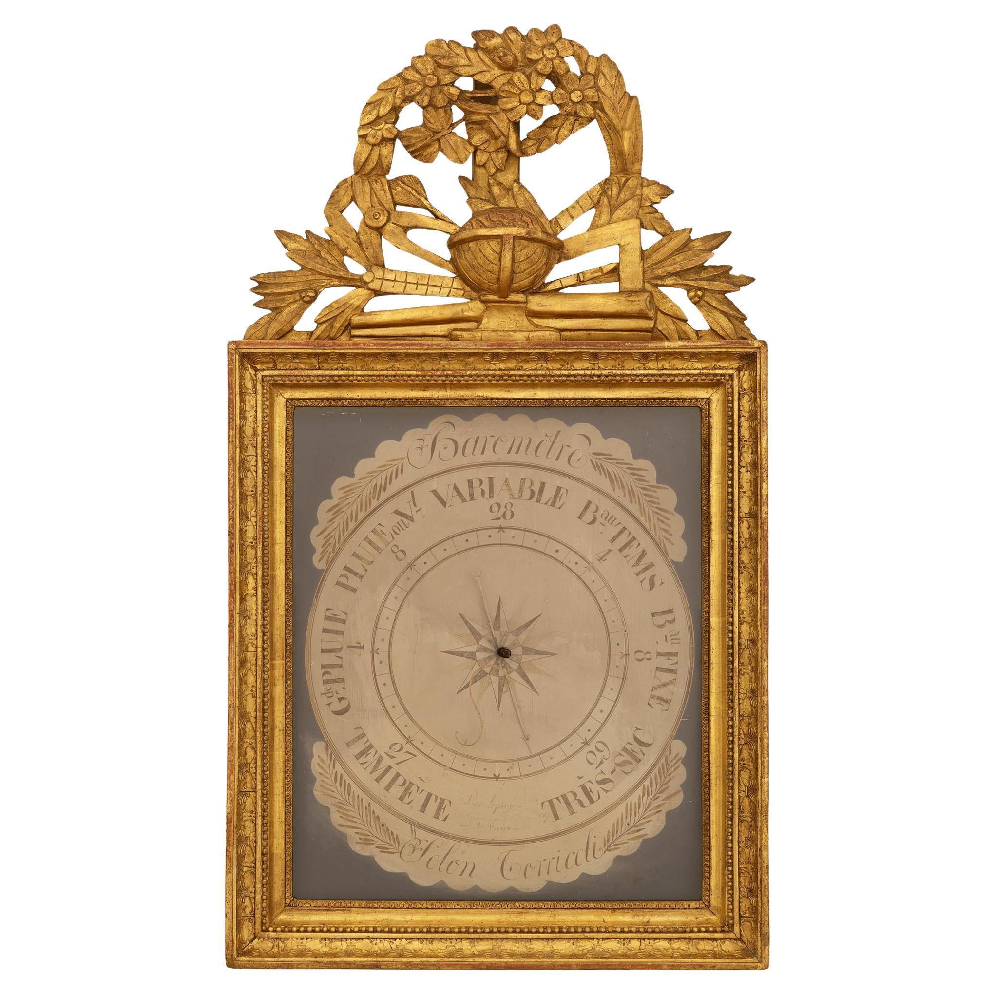 French 18th century Louis XVI Period Giltwood barometer, signed Lepage 1767 For Sale