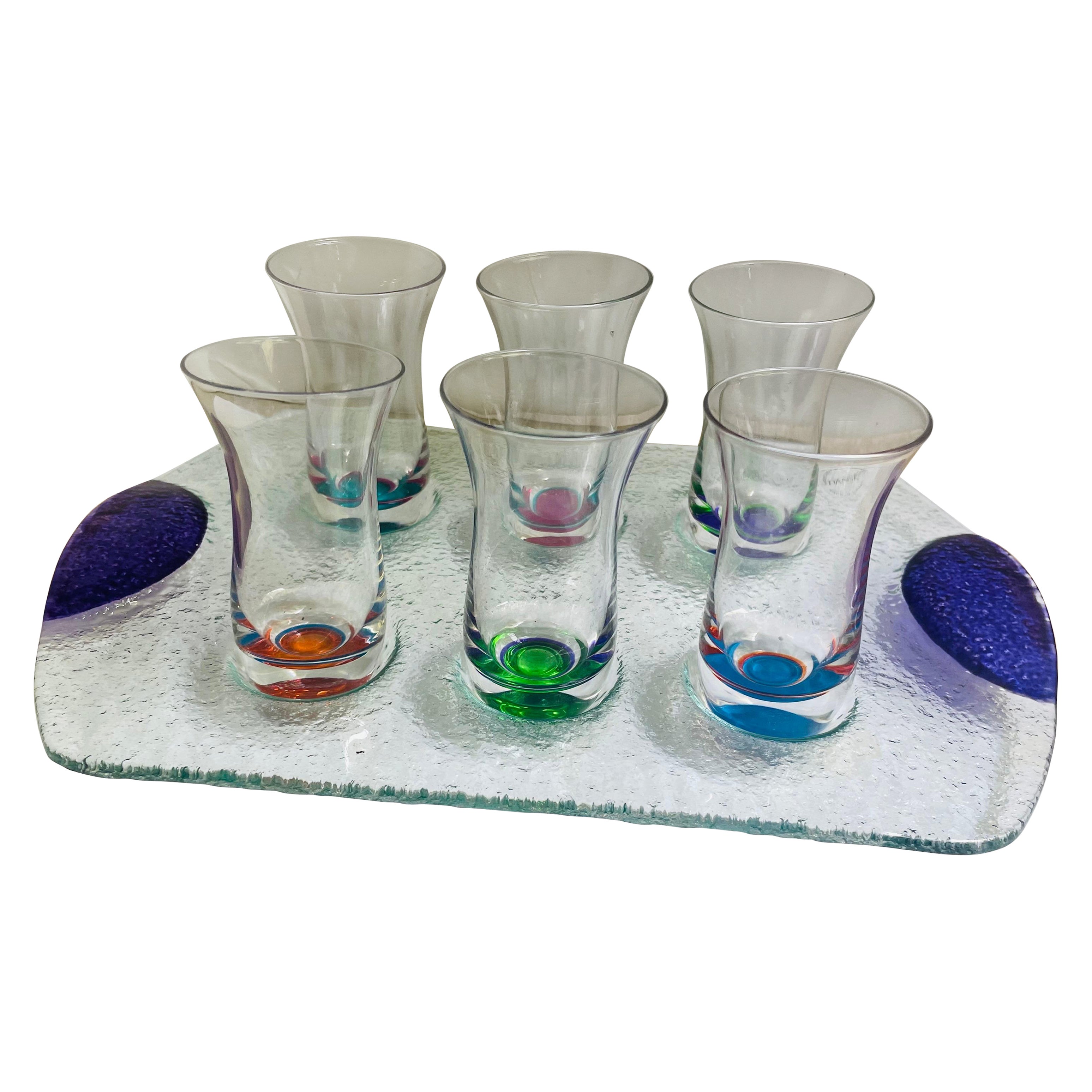 Dansk Spectra Cordials Set W/Tray Crystal Colorful Art Glass Shot Glasses For Sale
