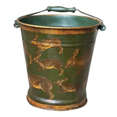 Vintage Artisan Tole Decoupage Bucket with Rabbit Lapin Motif