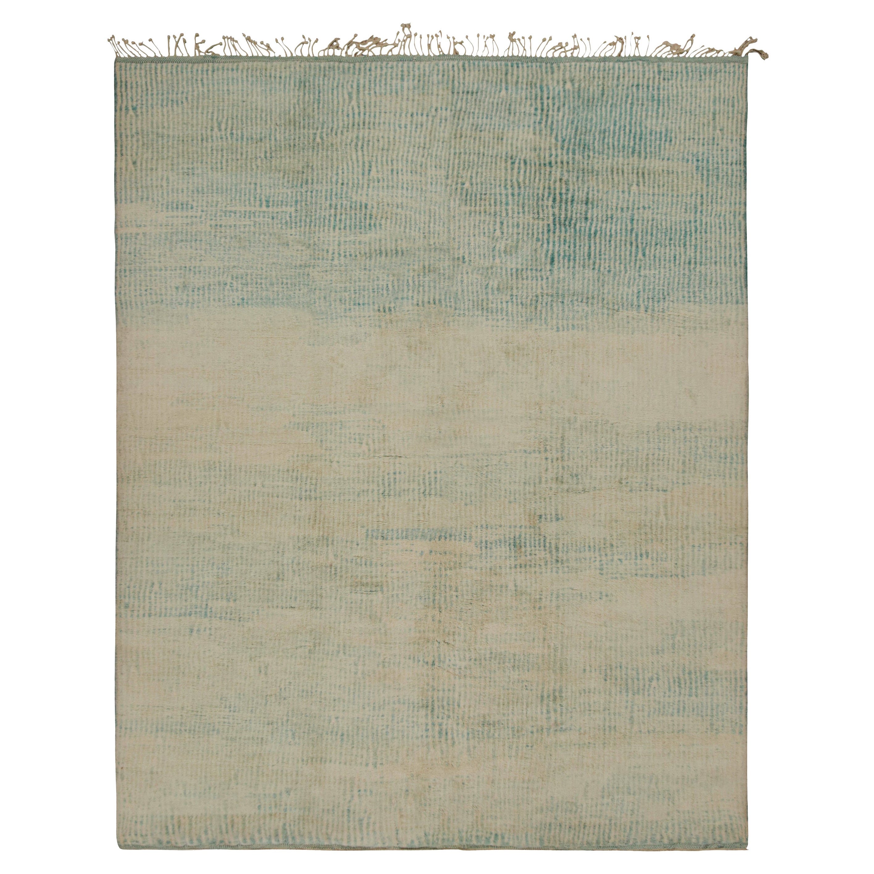 Rug & Kilim’s Moroccan Rug with Beige and Light Blue Stripes in Lush Pile For Sale