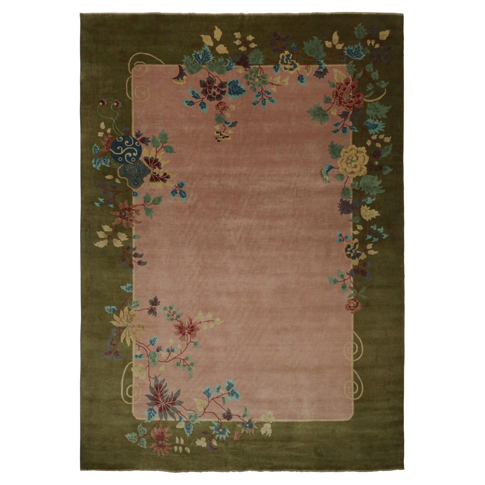 Rug & Kilim’s Chinese Art Deco Style Oversized Rug in Pink with Floral Patterns For Sale