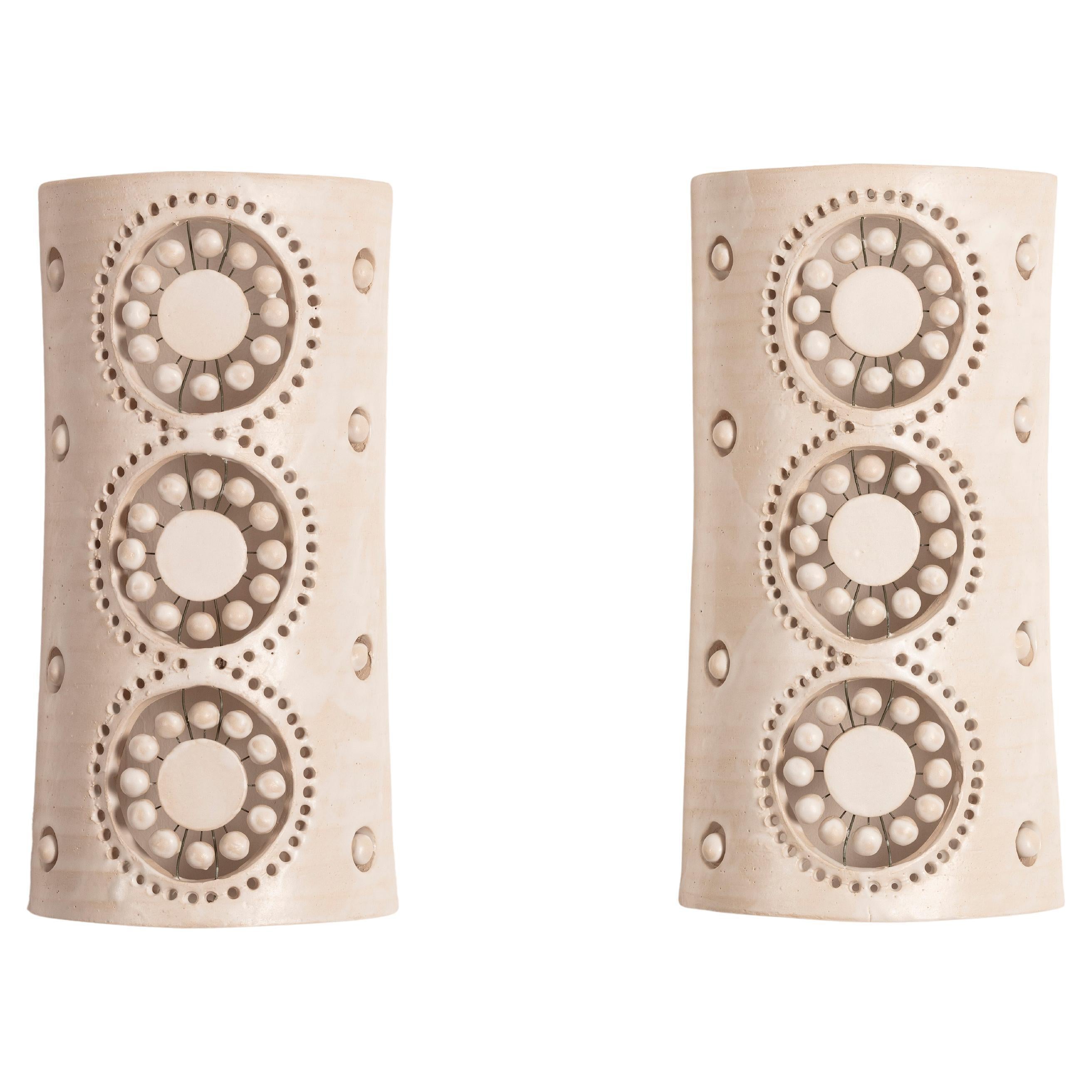 Georges Pelletier 3 Flowers Sconces in White Enameled Ceramic For Sale