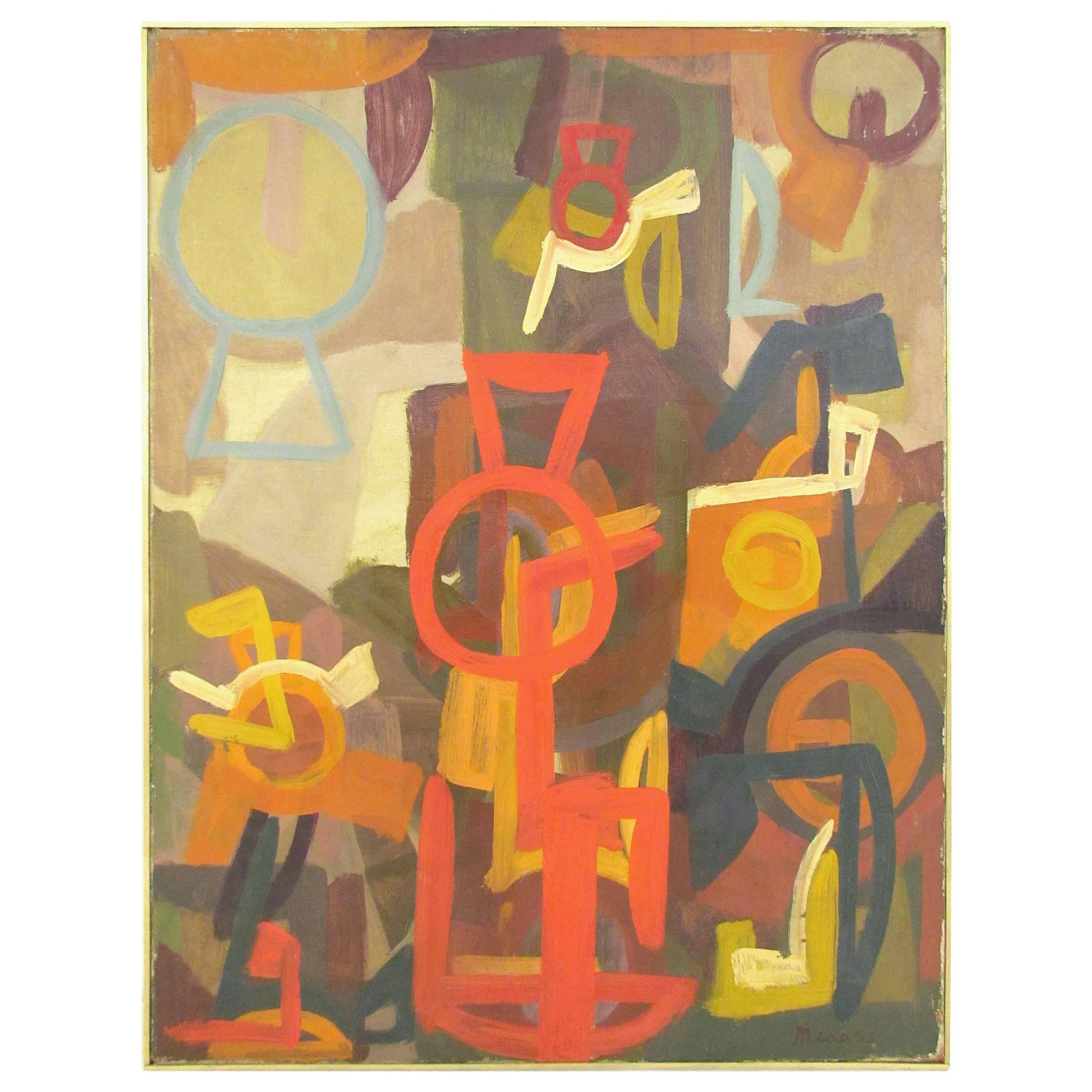 Mid-Century Abstract Symbolist Oil Painting by Harold Mesibov Dated 1955