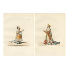 Trajes heráldicos c.1400 - Grabados antiguos de 1845 de Caballero y Dama, coloreados a mano