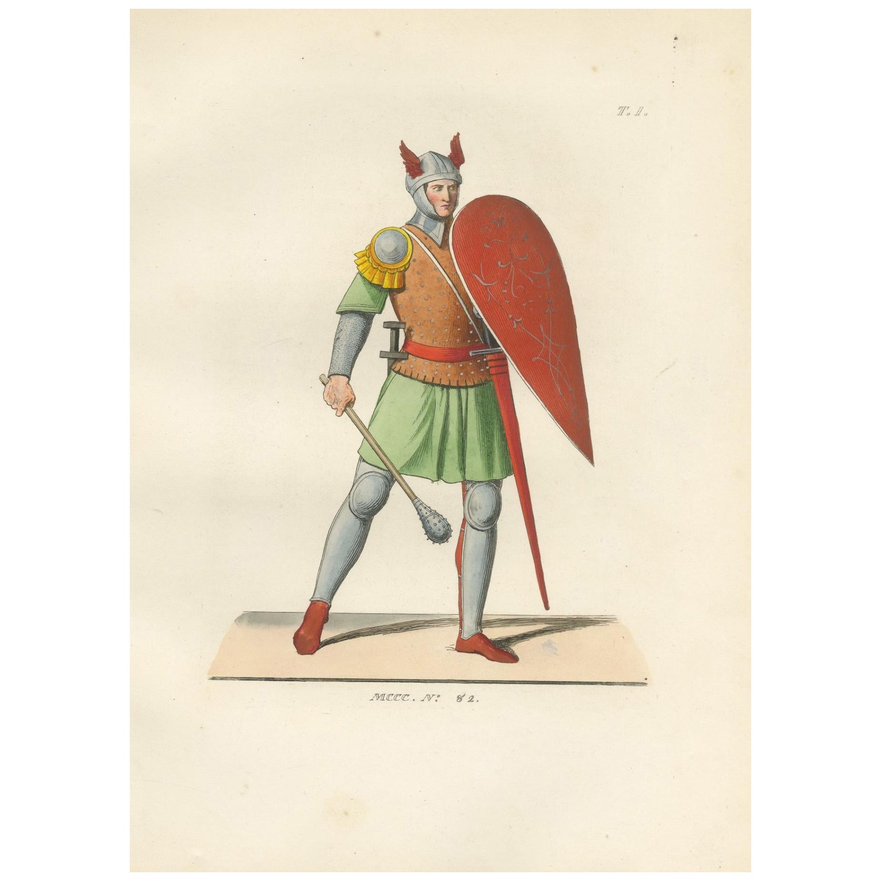 Caballero acorazado c.1400 con casco alado - Grabado antiguo publicado en 1845 en venta