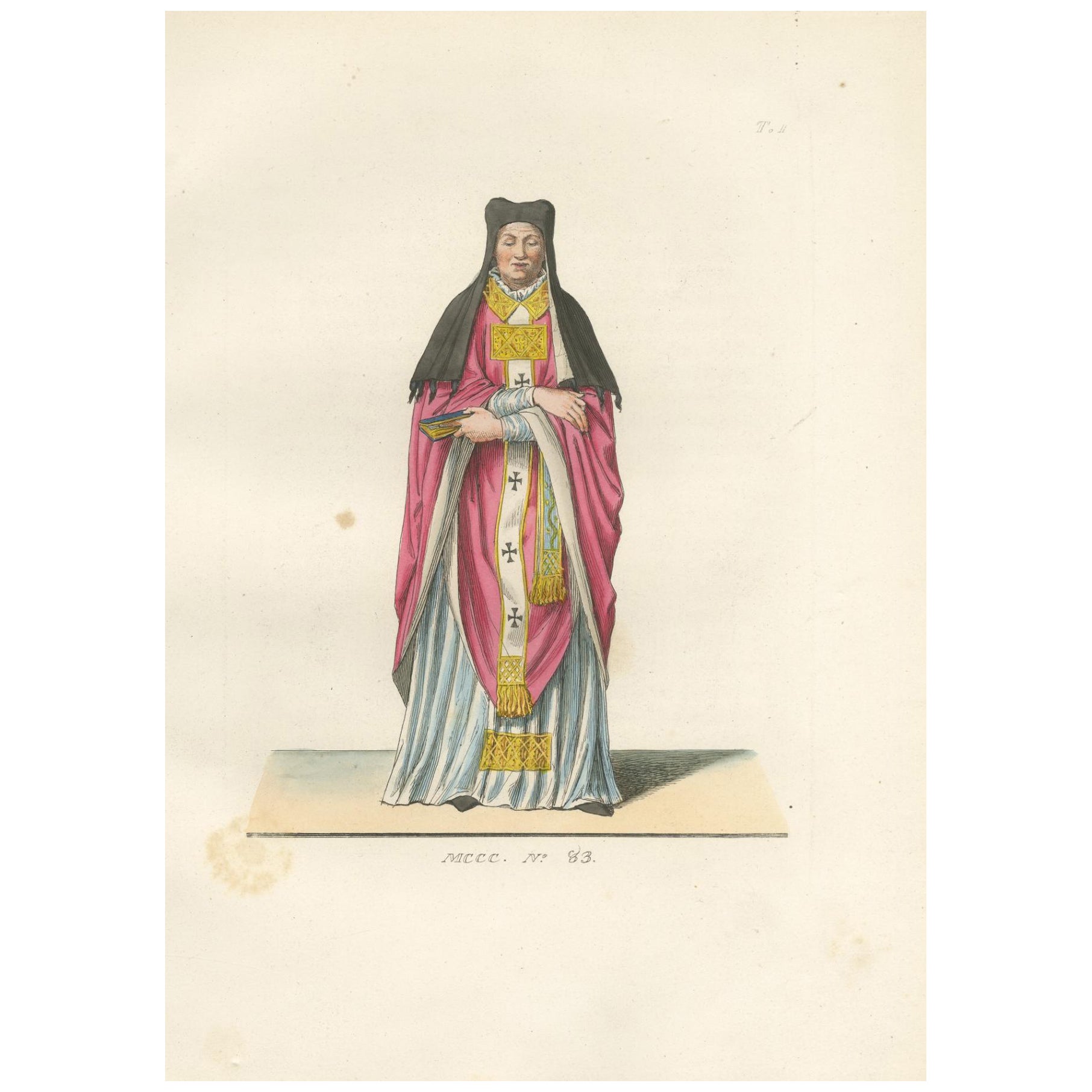 Traje religioso c.1400 - Grabado antiguo de 1845 de una figura eclesiástica