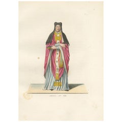 Traje religioso c.1400 - Grabado antiguo de 1845 de una figura eclesiástica