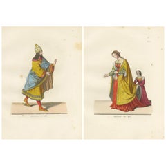 Trajes del siglo XV - Grabado antiguo de figuras nobles, publicado en 1845