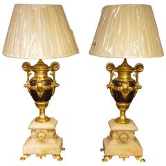 Beautiful Pair of French 1920s Onyx, Bronze and Ormolu Lamps