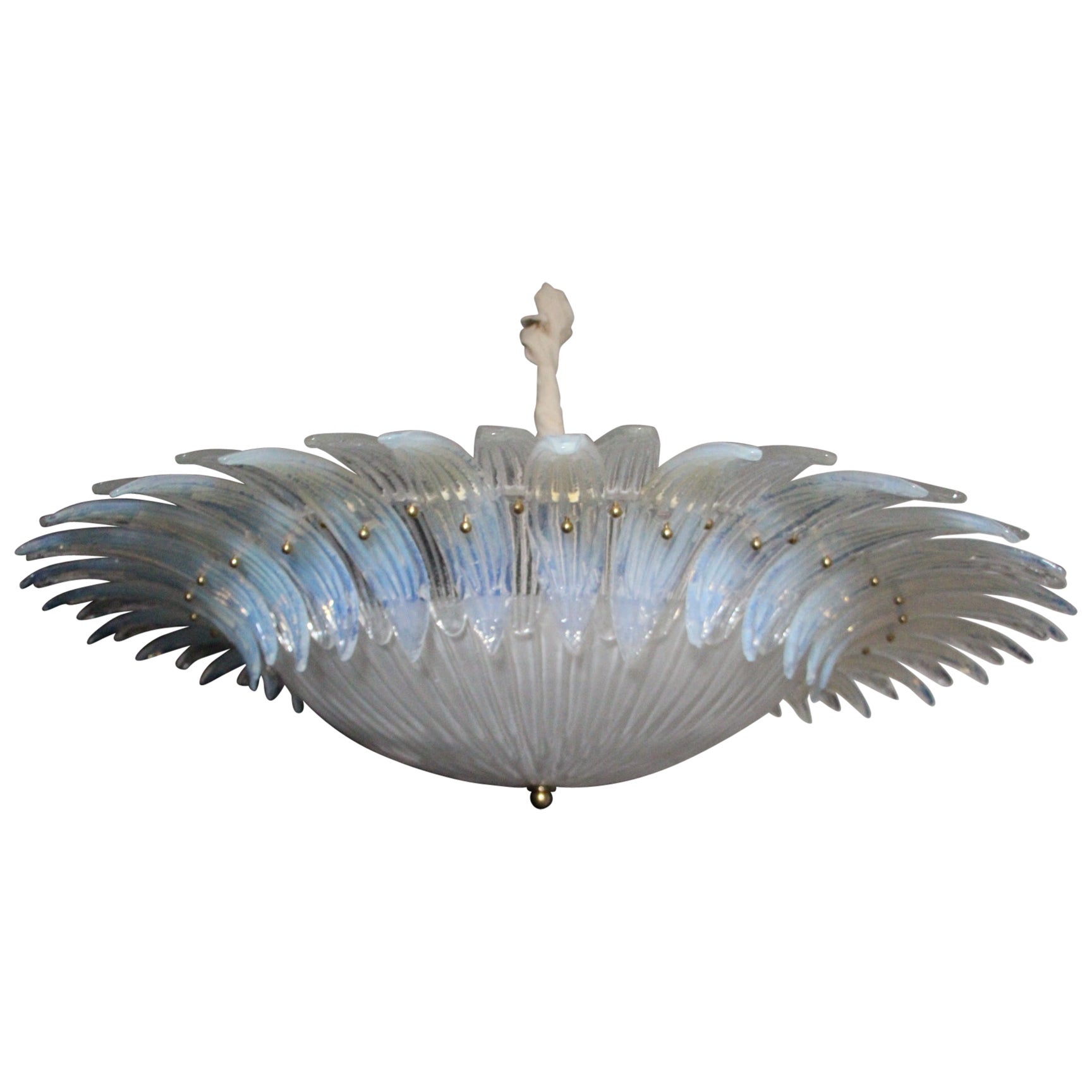 Barovier Style Iridescent and White Murano Glass Flush Mount Chandelier For Sale