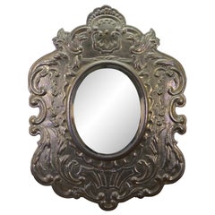 Vintage Embossed Brass Beveled Oval Repousse Scalloped Acanthus Wall Mirror 28"
