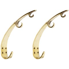 Retro Two Large Mid Century Brass Wall Coat Hooks, Herta Baller Vienna, Austria, 1950s