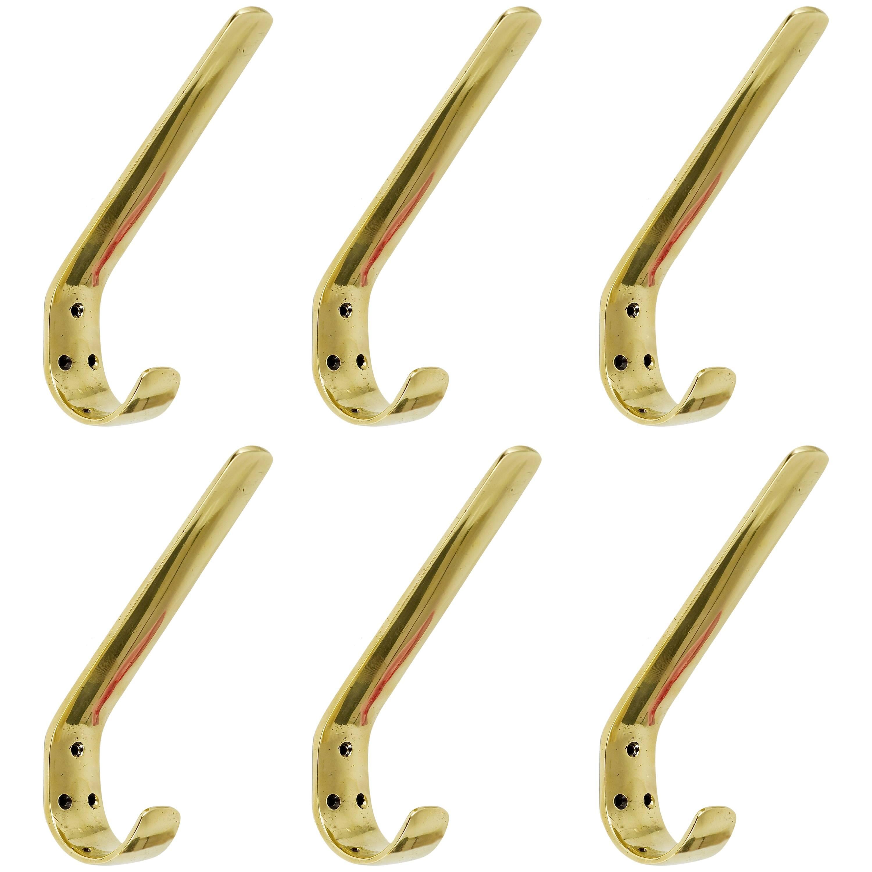 Six Austrian Modernist Brass Wall Coat Hooks by Hertha Baller, Vienna, 1950s