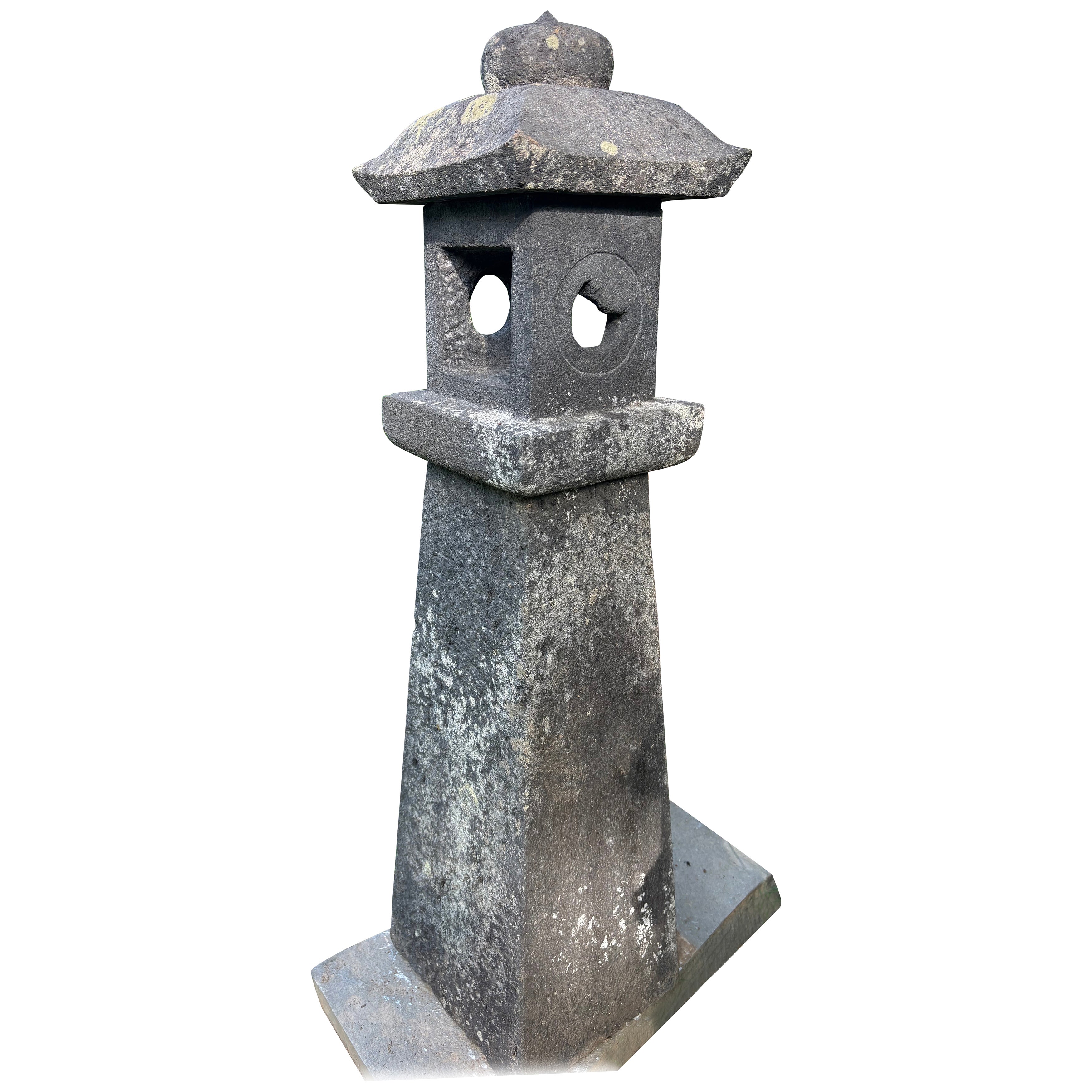 Japanese Tall Antique Stone Sun And Moon Lantern Beautiful Details 42 Inches For Sale