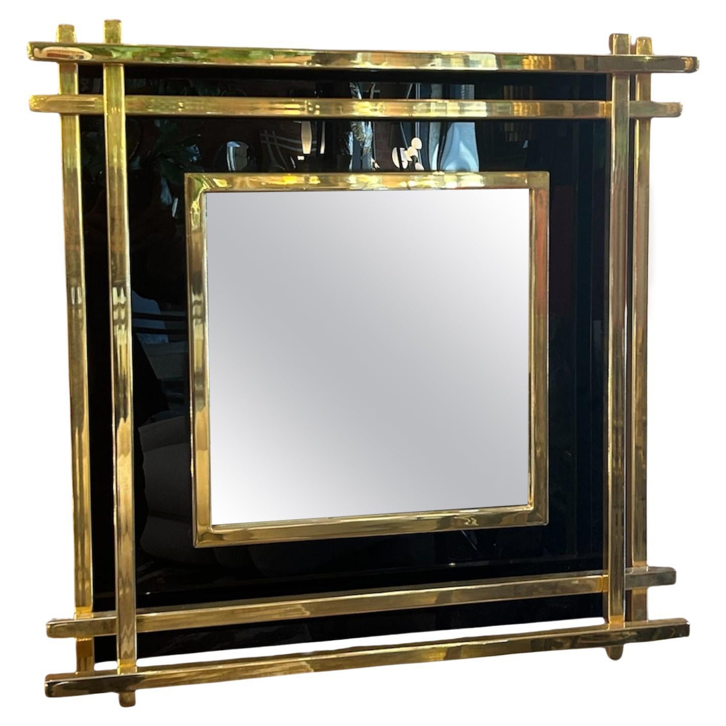 Italian Mid-Century Wall Mirror Black & Brass, 1970s For Sale