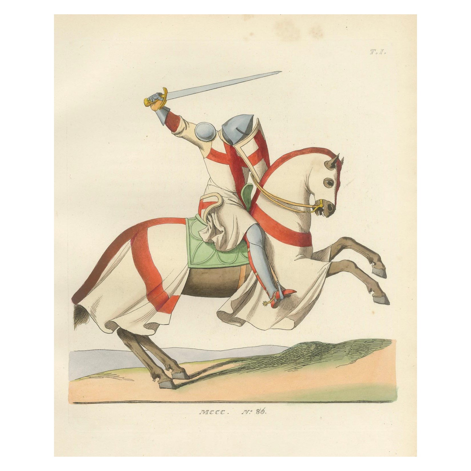 Chevalier croisé chargeant - Gravure d'armure médiévale, vers 1400, publiée en 1845