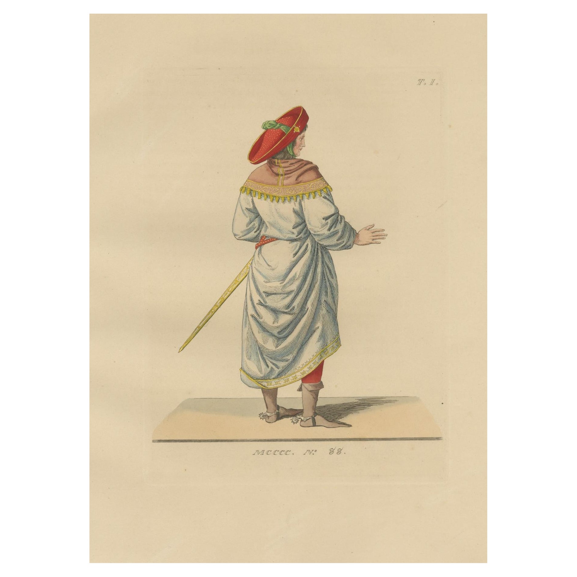Renaissance Courtier from Behind – Red Hat and Sword, 15th Century, pub.1845 For Sale