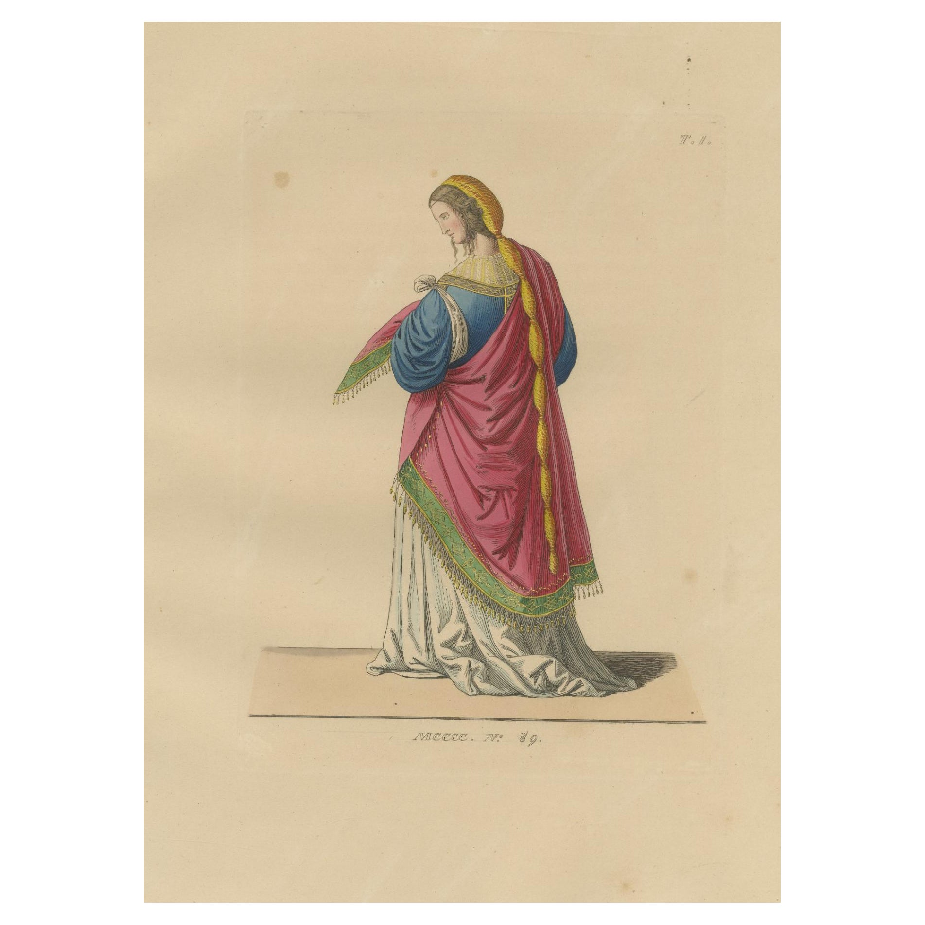 Grabado antiguo coloreado a mano - Dama del siglo XV con pelo trenzado y manto, 1845