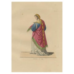 Grabado antiguo coloreado a mano - Dama del siglo XV con pelo trenzado y manto, 1845