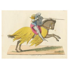C Knight Knight en armure de tournoi c.1400 - Estampe ancienne, 1845