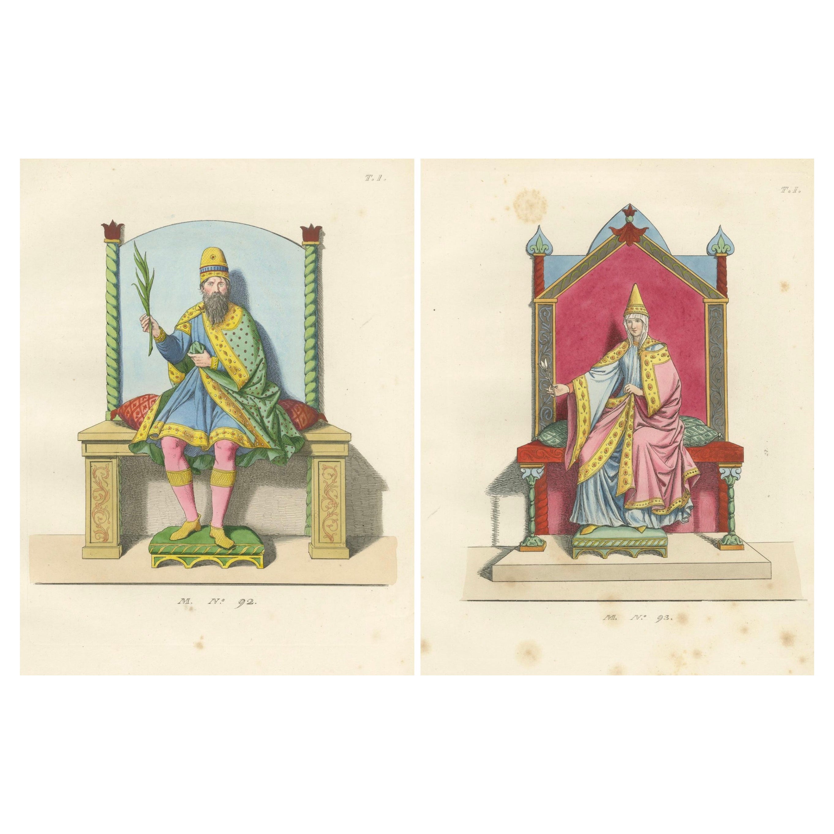 Figuras Regias en Traje Ceremonial c.Siglo XV - Grabado Antiguo 1845