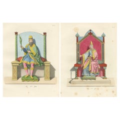Figuras Regias en Traje Ceremonial c.Siglo XV - Grabado Antiguo 1845