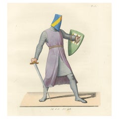 Gravure ancienne 1845 - Chevalier médiéval en cotte de mailles, épée et casque