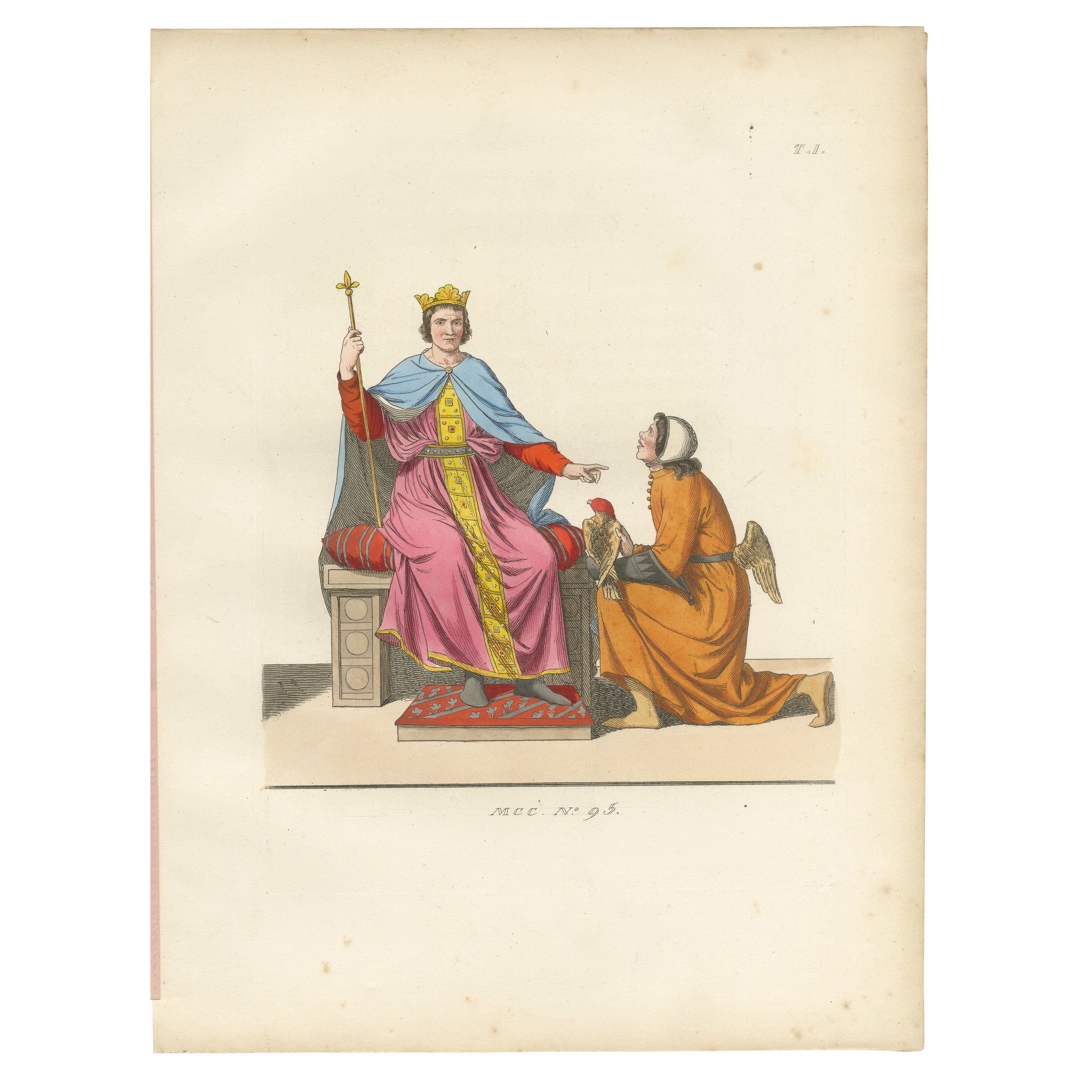 Grabado antiguo de 1845 - Rey y ángel en traje cortesano del siglo XV