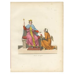 Grabado antiguo de 1845 - Rey y ángel en traje cortesano del siglo XV