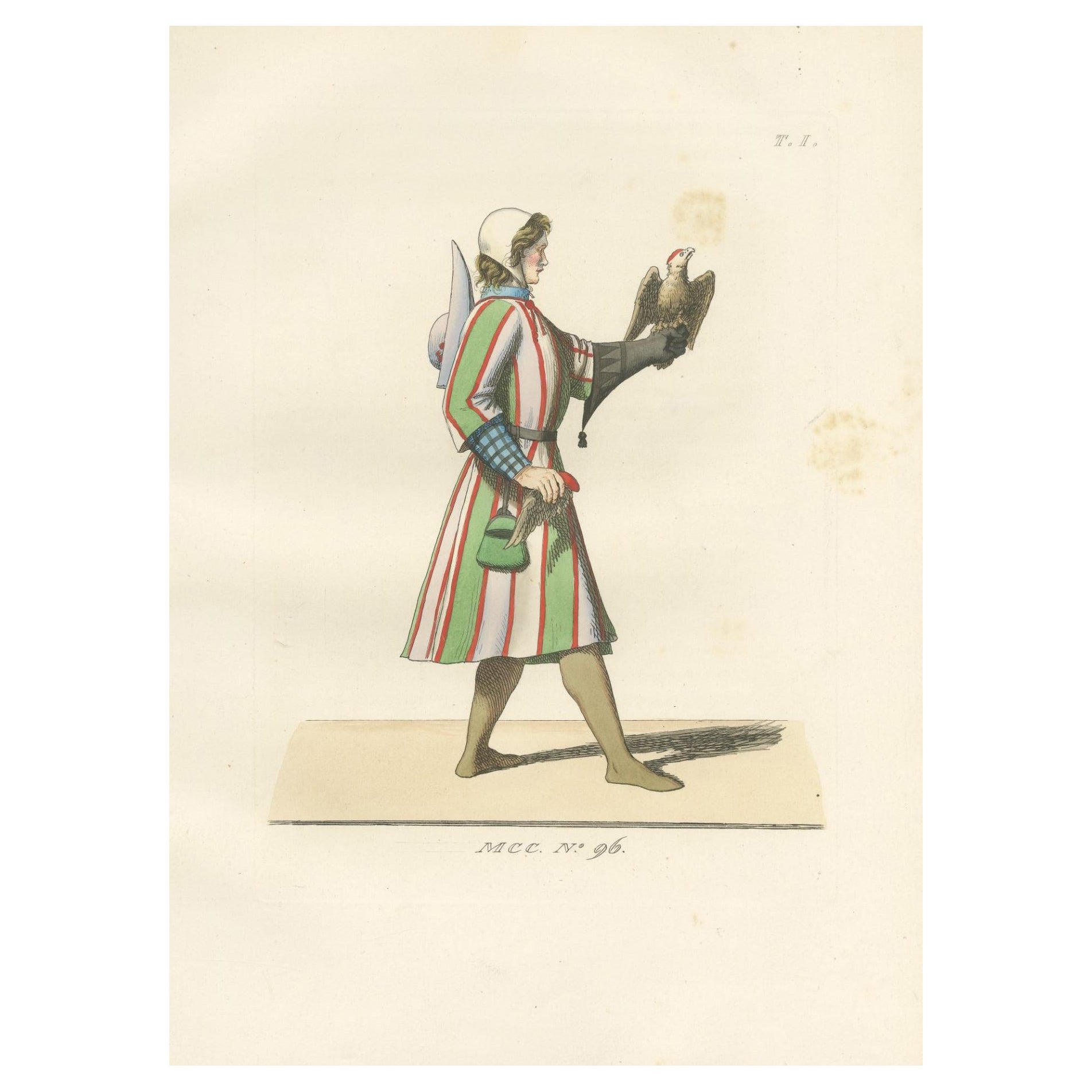 Traje de Cetrería del Siglo XV - Cetrero con Halcón, Grabado Antiguo 1845