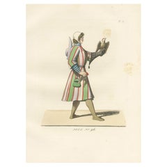 Traje de Cetrería del Siglo XV - Cetrero con Halcón, Grabado Antiguo 1845